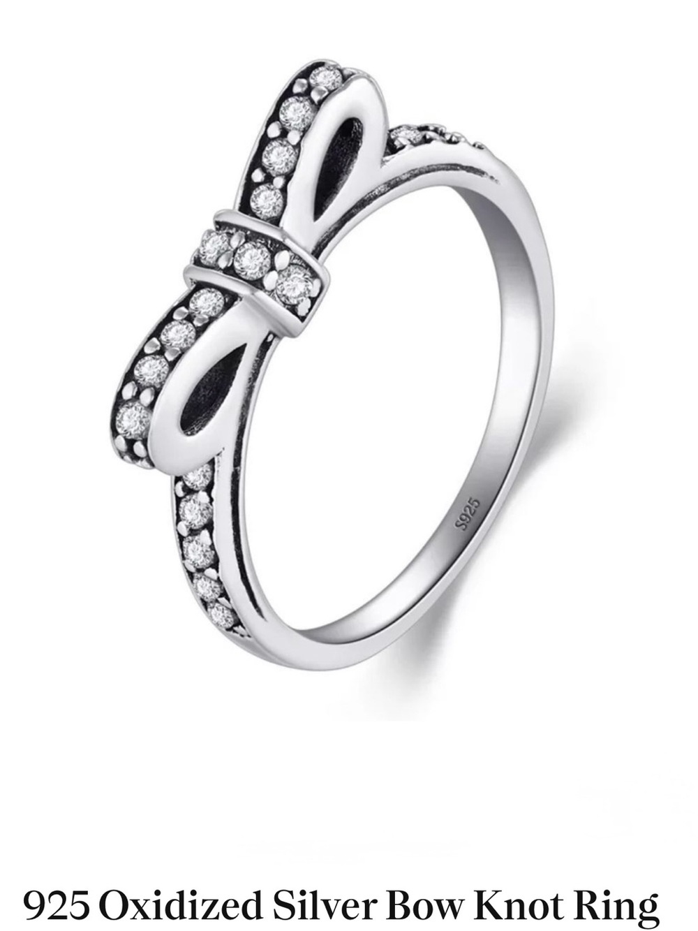 Pandora Oxidized Sterling Silver Bow Knot Ring with Clear Stones, size 7.5